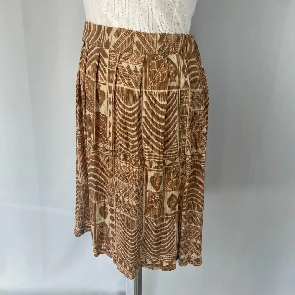 Vintage A Line Mini Skirt Small Brown Tan Tribal Boho Lagenlook Pleated Skater